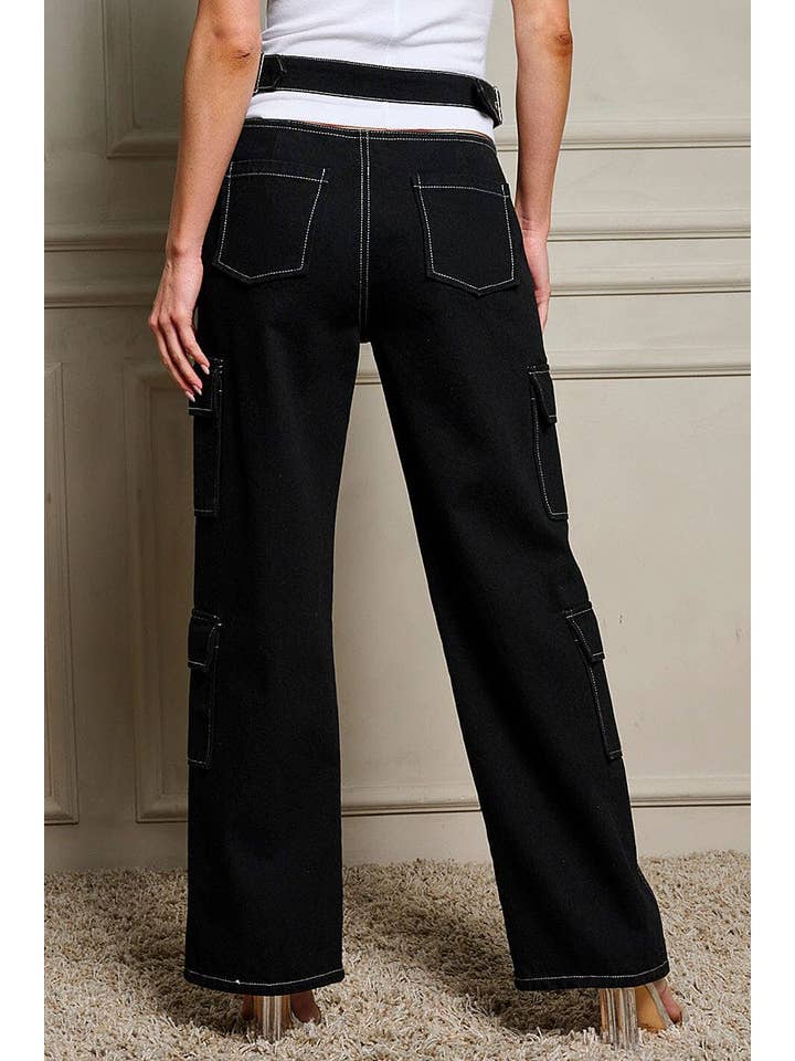 Black BUTTON CLOSURE CARGO POCKETS DENIM PANTS for wholesale on Faire2