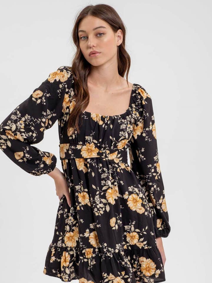 Blu Pepper - Wholesale Dress - Women's - FLORAL LONG SLEEVE BACK TIE MINI DRESS0