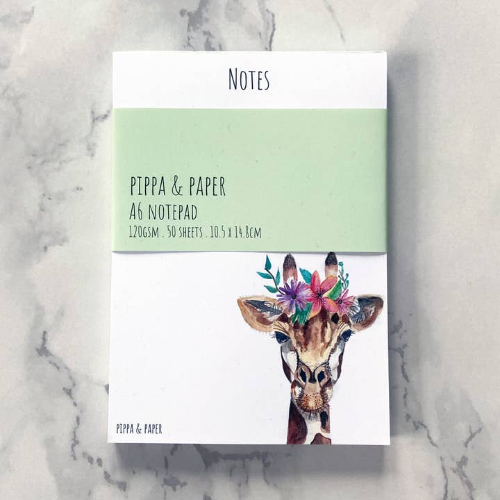 Giraffe Notepad, A6 Giraffe floral Notepad for wholesale by Pippa & Paper
