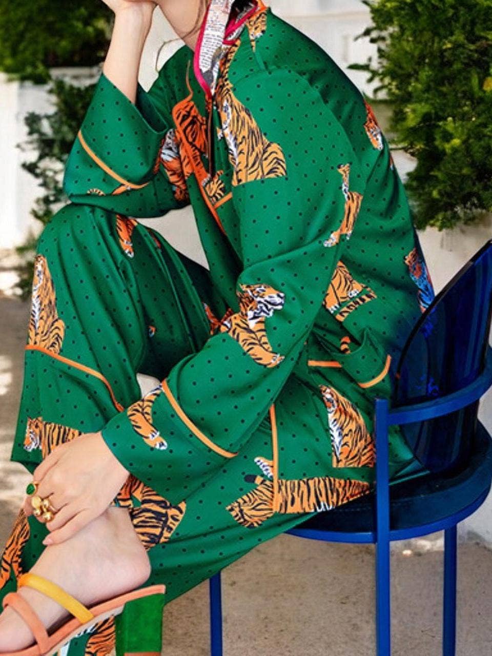 Green Satin Tiger Print Pajama Set for wholesale on Faire2