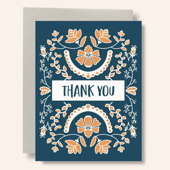 Thank You - Blue Floral Greeting Card for wholesale by Bean Horse Car Designs
