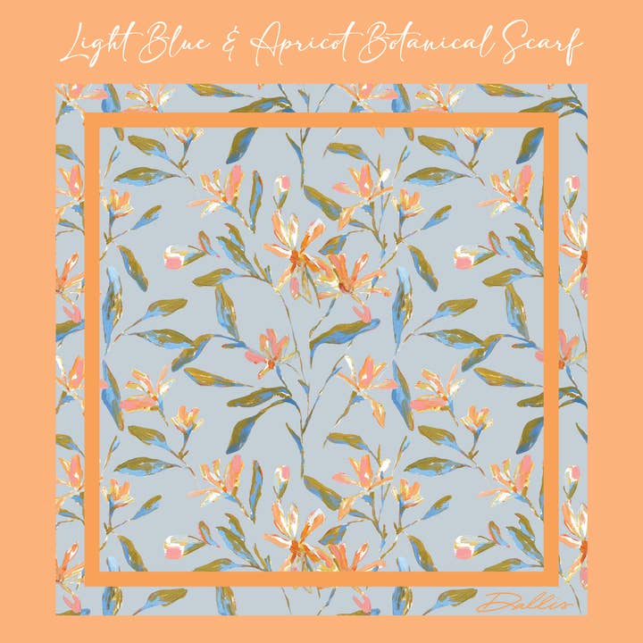 Dallis Foshee Art & Design, LLC - Wholesale Scarf - Women's - Light Blue + Apricot Botanical Scarf1
