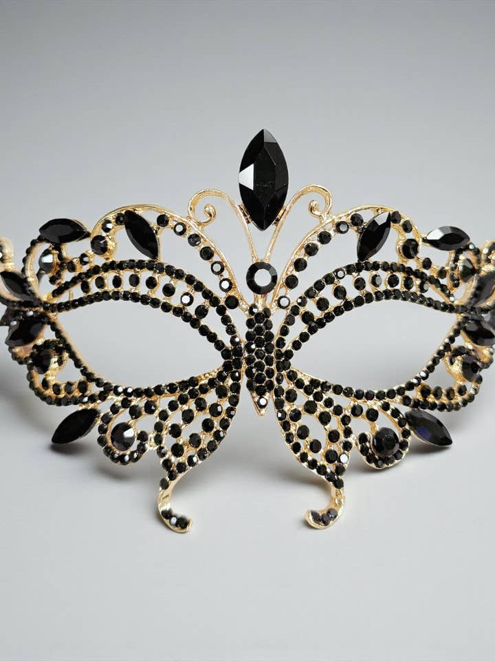Máscara dourada de baile, Máscara de cristal preta, Máscara de baile veneziana por atacado de Happy Dream Gifts