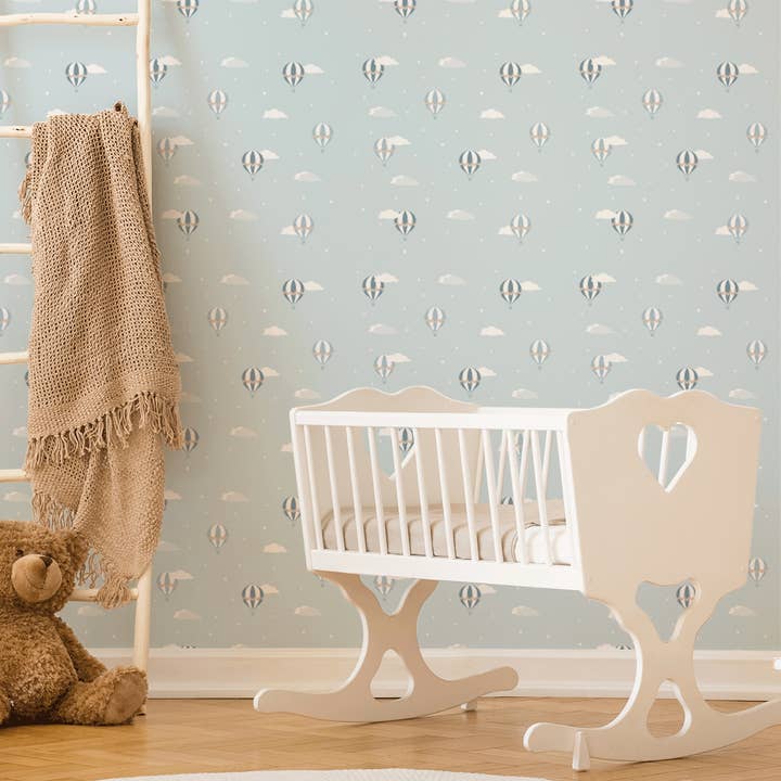 Up, Up And Away Hot Air Balloons (blue) Wallpaper for wholesale by Mica-Mica