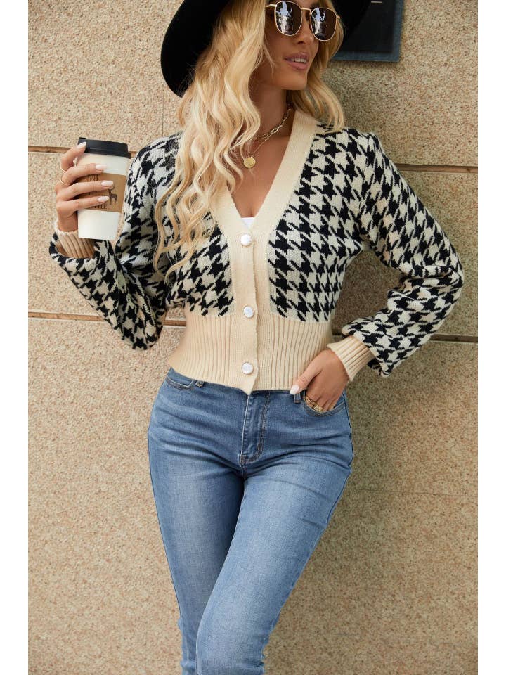 L Michele – Großhandel Strickjacke – Damen – Langärmliger Strickcardigan mit Gingham-Knopfleiste2