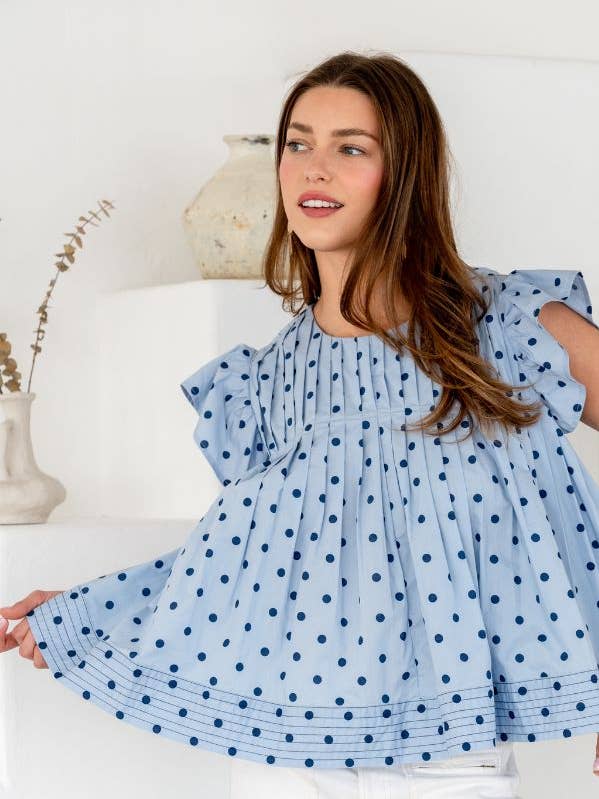 TR2056-02_Polka Dot Bedrucktes Pin Tuck Falten Top Rückseitiger Reißverschluss für den Großhandel von TRENDILITY