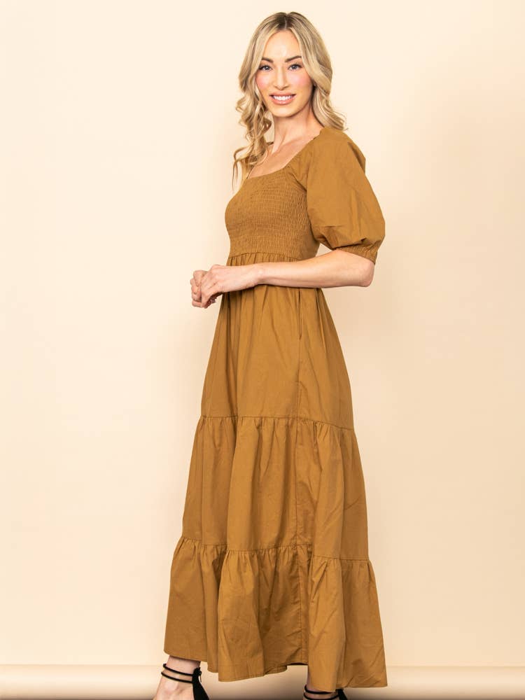 Camel SALE! On Off Shoulder Smocked Chest Tiered Skirt Maxi Dress for wholesale on Faire1