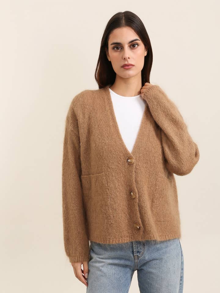 V-NECK BUTTONED CARDIGAN WITH POCKETS IN MOHAIR AND WOOL for wholesale by NAÏS PARIS