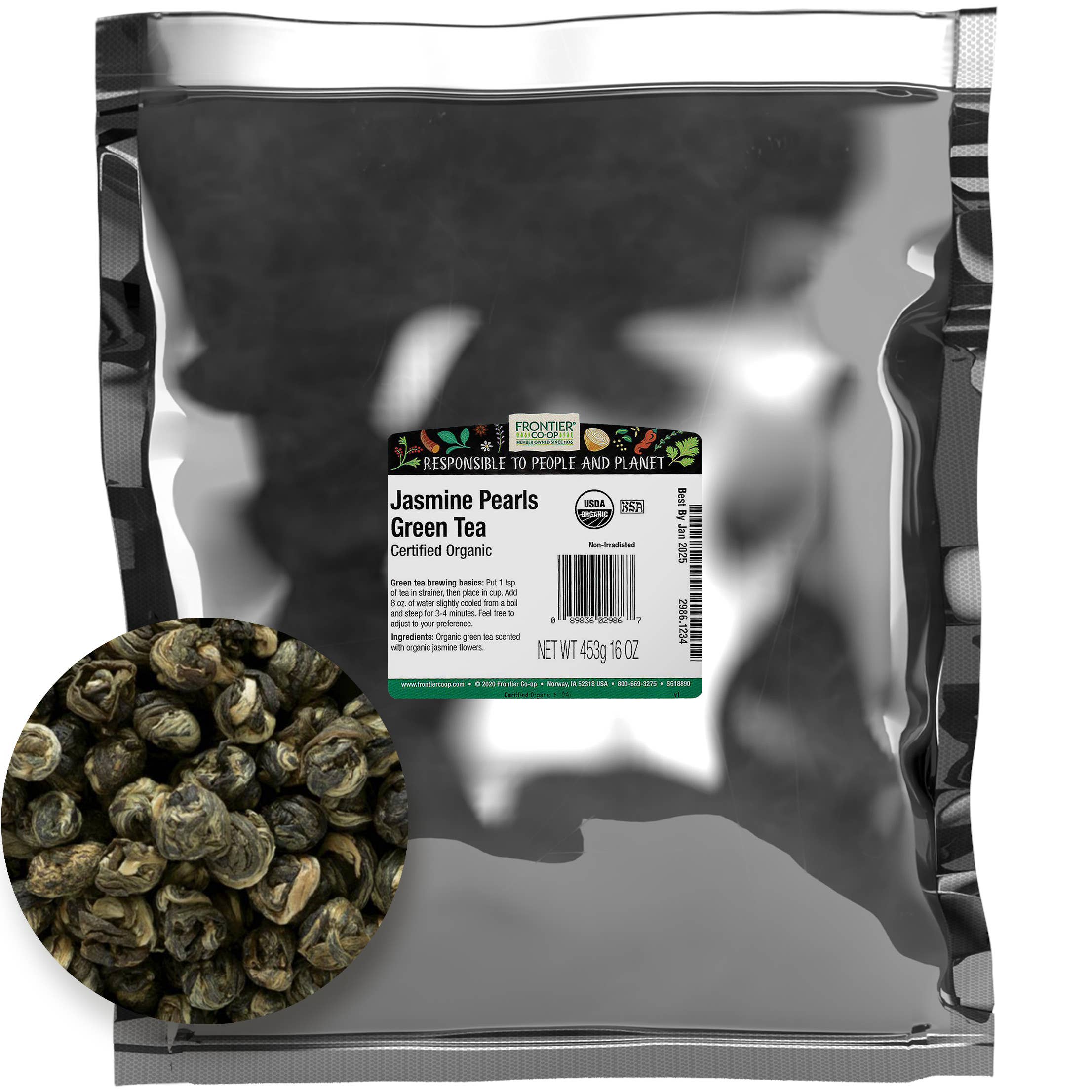 Frontier Co-op - Wholesale Loose Tea - Jasmine Pearls Green Tea, Organic, Kosher, Non ETO, Bulk 1lb1