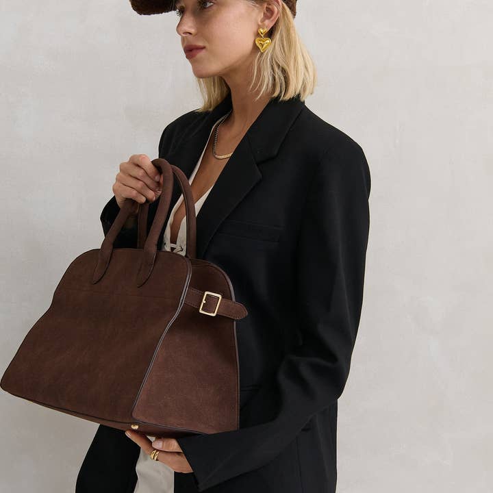 Angels Whisper Accessories - Wholesale Top Handle Bag - Women's - Clemence Tote Bag in Brown Suede