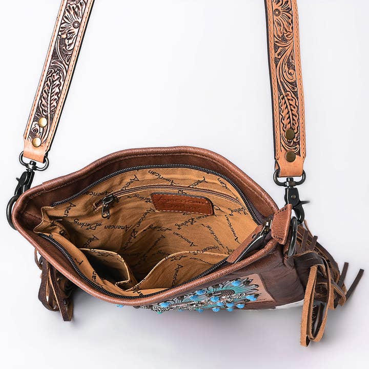LS Western - Wholesale Messenger Bag - Women's - ADBG1633 Leather Thunderbird Messenger Bag with Turquoise Accents, Fringe & Tooled Strap5
