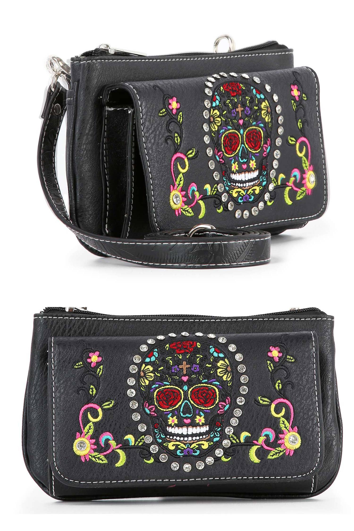 SP Sophia Collection - Wholesale Crossbody Bag - Women's - Colorful Sugar Skull Petite Crossbody Sling Bag 2