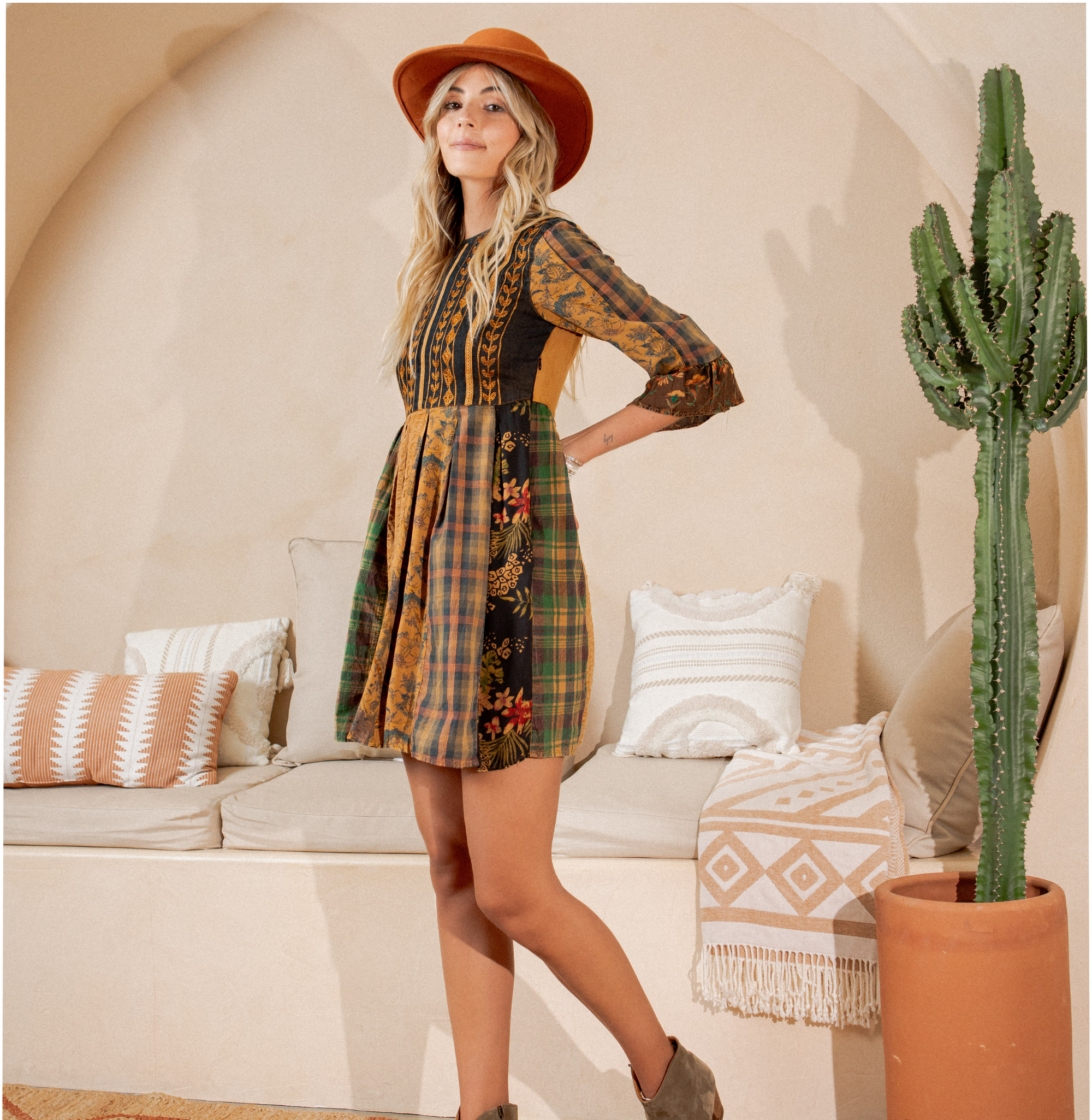 CAMEL Rustic Bohemian: Fit and Flare Patchwork Mini Dress for wholesale on Faire2