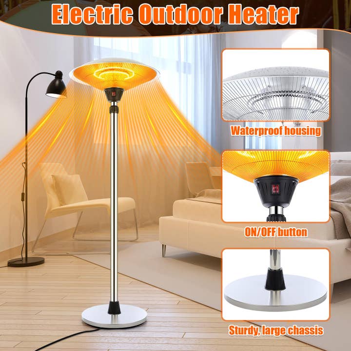 OutdoorSolarOutlet - Wholesale Outdoor Ornament/Decor - 1500w Electric Patio Heater for Outdoor Stainless Steel Free Standing Infrared Space Heater with Adjustable Height and Dust Bag, Tip-over Protection2