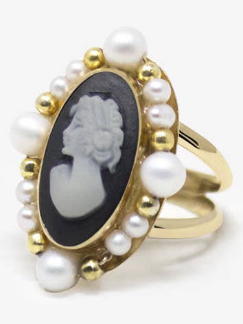 Ophelia Schwarzer Kameenring mit Perlen für den Großhandel von Vintouch Jewels