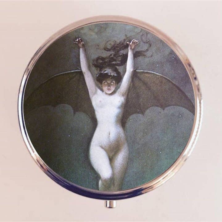 Bat Lady Pill Box Case Pillbox Holder Trinket Stash Box Albert Penot Goth Macabre Gothic for wholesale by FringePop