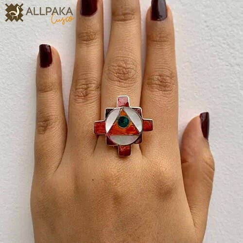Andean Chakana Gemstone Mosaic Ring for wholesale by Allpaka