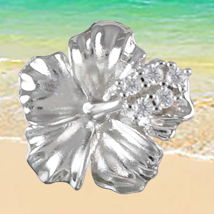 Hawaiian Hibiscus Flower Pendant, Sterling Silver Hibiscus CZ Pendant, Hawaiian Jewelry, Christmas Anniversary Mom Birthday Gift for wholesale by Paradise Treasures Jewelry