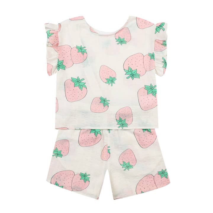 ToTo Heros - Wholesale Top & Short Set - Kids - Strawberry Graphic Print Angel Sleeve Top & Shorts Set