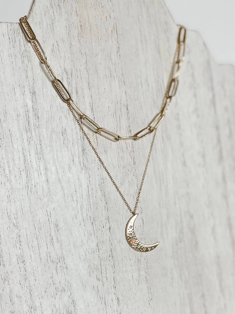 HoopLa - Wholesale Pendant/Charm Necklace - Crescent Moon Opal and Crystal Steel 14K Gold Necklace4