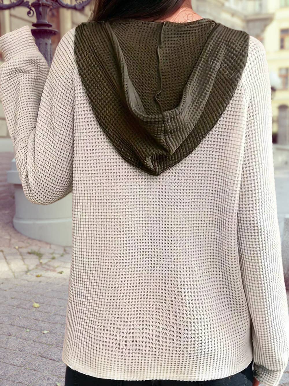 1 the Woman - Wholesale Hoodie - Women's - Waffle Contrast Half Buttoned Hooded Pullover Top1