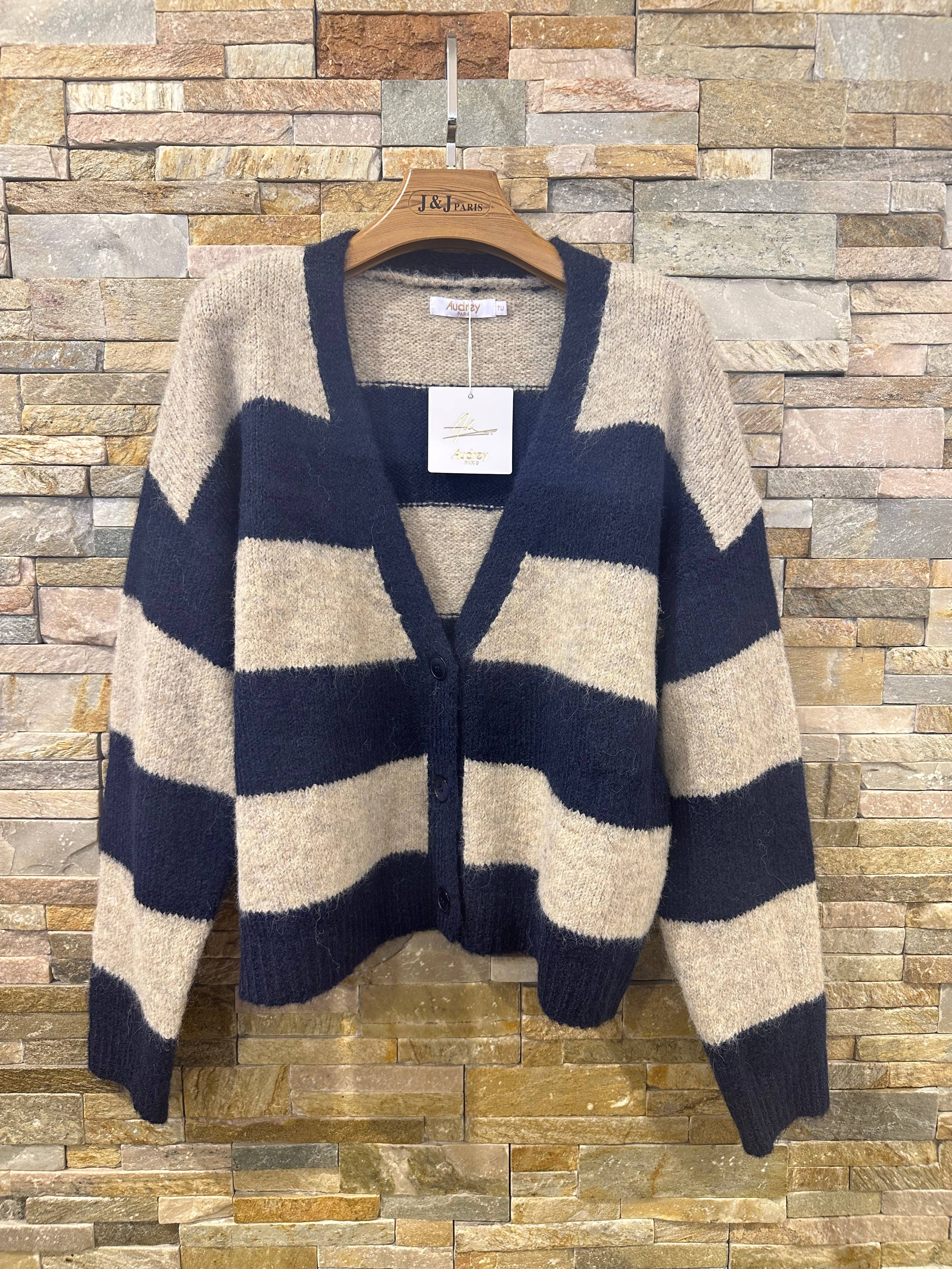 Marineblå Blød strikket cardigan med striber AP103 for engroshandel på Faire1