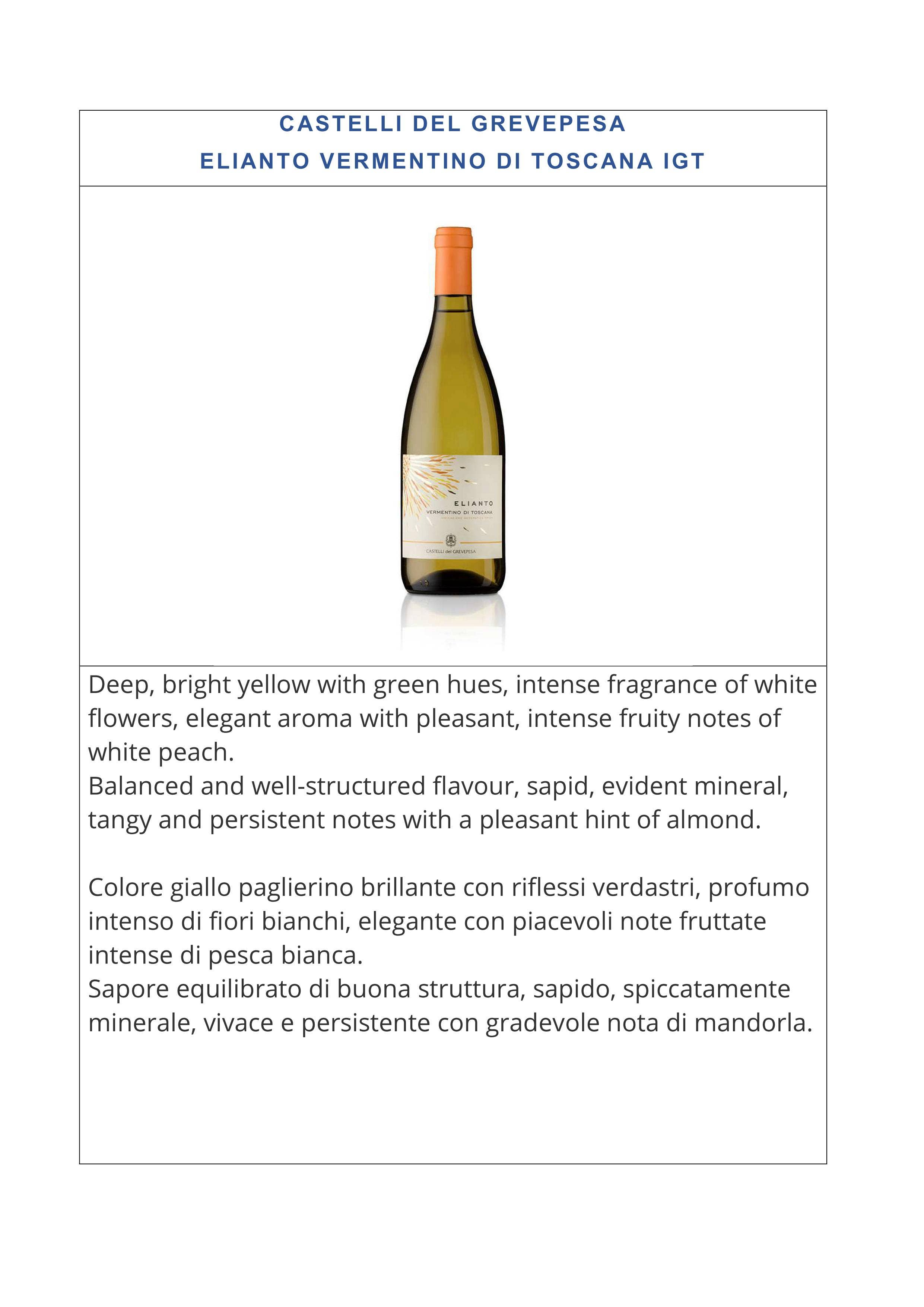 Metina SAS – wholesale Vitt vin – Elianto Vermentino från Toscana IGT Castelli del Grevepesa2