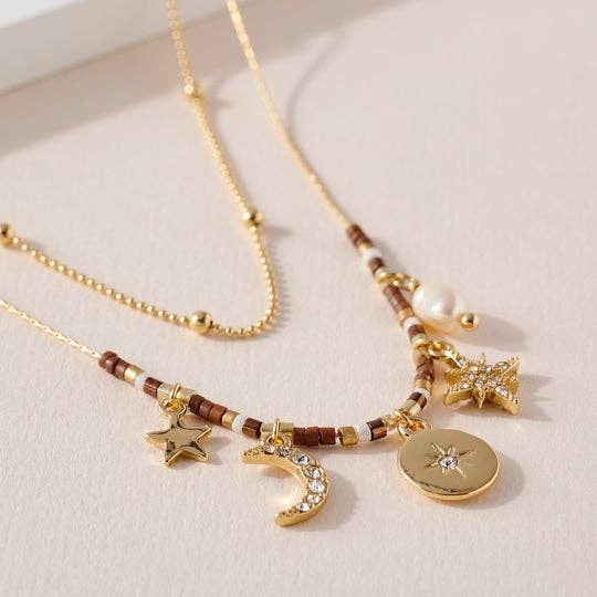 StarryNYC - Wholesale Pendant/Charm Necklace - 2 Row Necklace Multi Charm Star Crescent Starburst Pearl