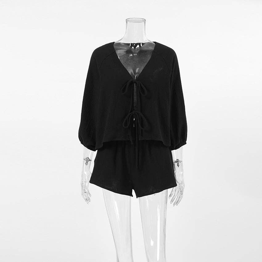 Marayn – wholesale Top & short set (NOT loungewear) – Women’s – French Autumn Chic Bubble Sleeve Top  Shorts Set8