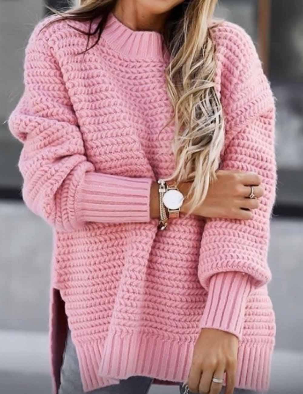 Sweetkama - Wholesale Knit Sweater - Women's - Ladies Solid Color Pullover Side Split Long Sleeves Sweater5