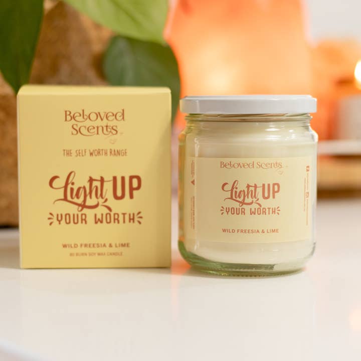 Light Up your Worth- Wild Freesia & Lime 500ml Soy Candle for wholesale by Beloved Scents