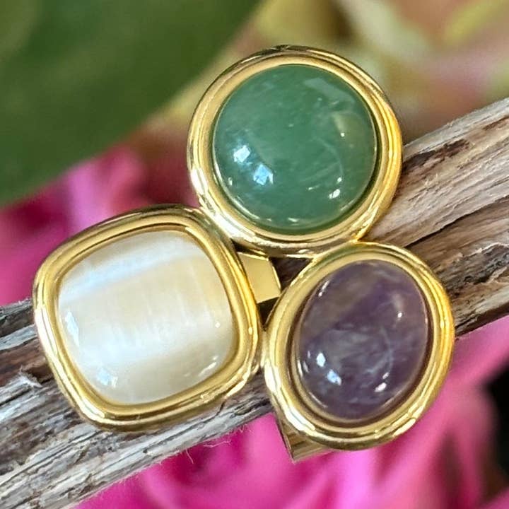 18ct Gold Plated Adjustable Triple Natural Stone Ring for wholesale by Ocean Ripples