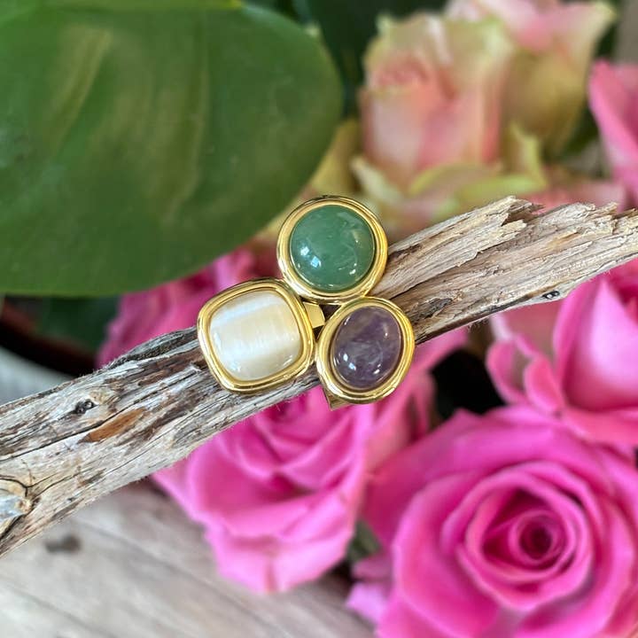 18ct Gold Plated Adjustable Triple Natural Stone Ring for wholesale by Ocean Ripples