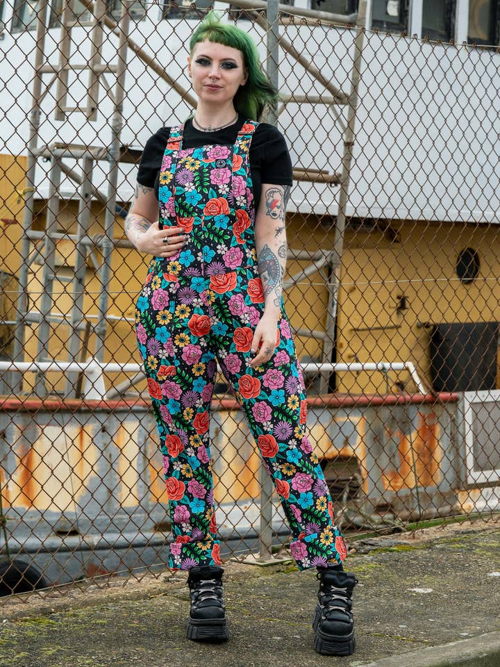 Tattoo Floral Stretch Dungarees for wholesale by Rebel Romance
