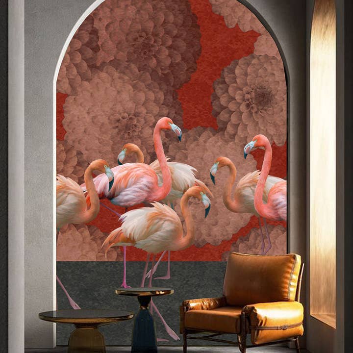 Daria Petrilli - Wholesale Wallpaper - ASH DAHLIA AND FLAMINGOS ON PURPLE AND LAND - WALLPAPER