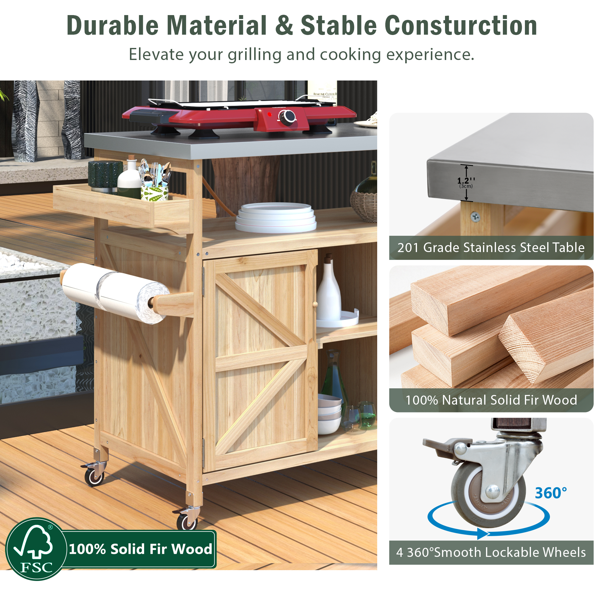 39F Inc. - Wholesale Outdoor Ornament/Decor - Outdoor Kitchen Island,Farmhouse Solid Wood Rolling Cart9