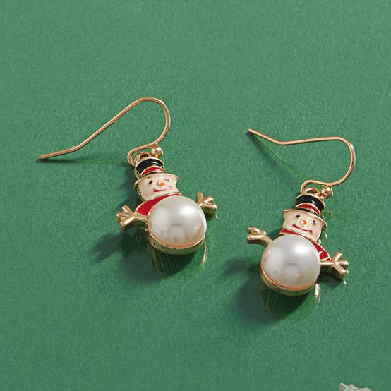 Designature New York - Wholesale Dangle Earrings - Christmas Snowman Enamel Pearl Brass Hook Earrings1