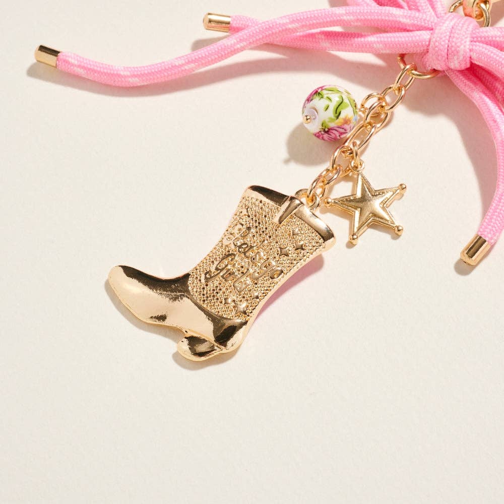Gold Pink Western Rodeo Cowgirl Star Boot Keychain Bag Charm for wholesale on Faire2