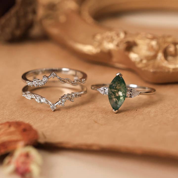 Azura Jewelry - Vendita all'ingrosso Anelli di fidanzamento - Set di anelli con agata muschiata Sonoran Sunrise in oro bianco massiccio5