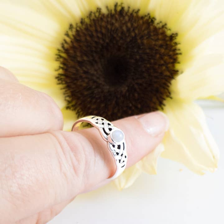 Celtic Knot Ring with Moonstone Centre in Sterling Silver for wholesale by The Green Gecko