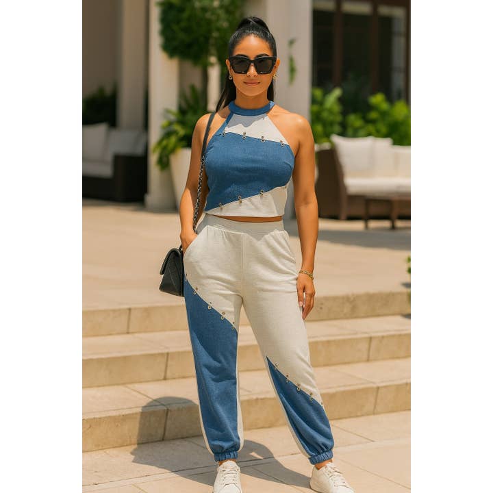 Two Face Color Block Denim Jogger Set for wholesale by omgstyles