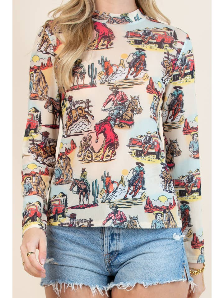 T1502-5451-Tania Western Cowboy Graphic Mesh T Shirt for wholesale on Faire2