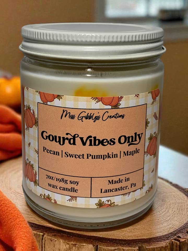 Gourd Vibes Only- 7oz Glass Jar Soy Candle- Fall 2025 for wholesale by Miss Gibbly’s Creations