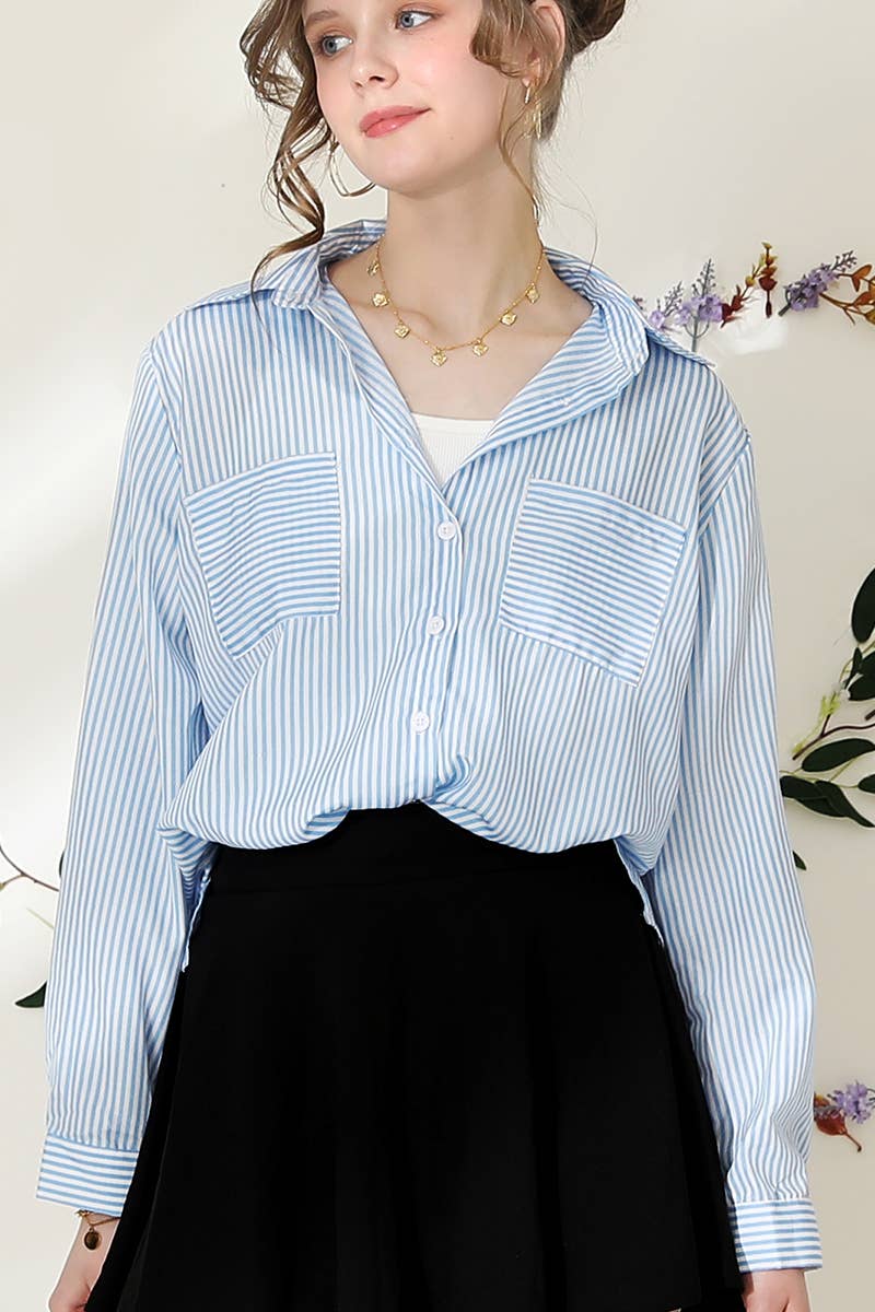 NINEXIS - Wholesale Button Down Shirt - Women's - CWTSTL716_Striped Button Down Long Sleeve Collared Shirts6