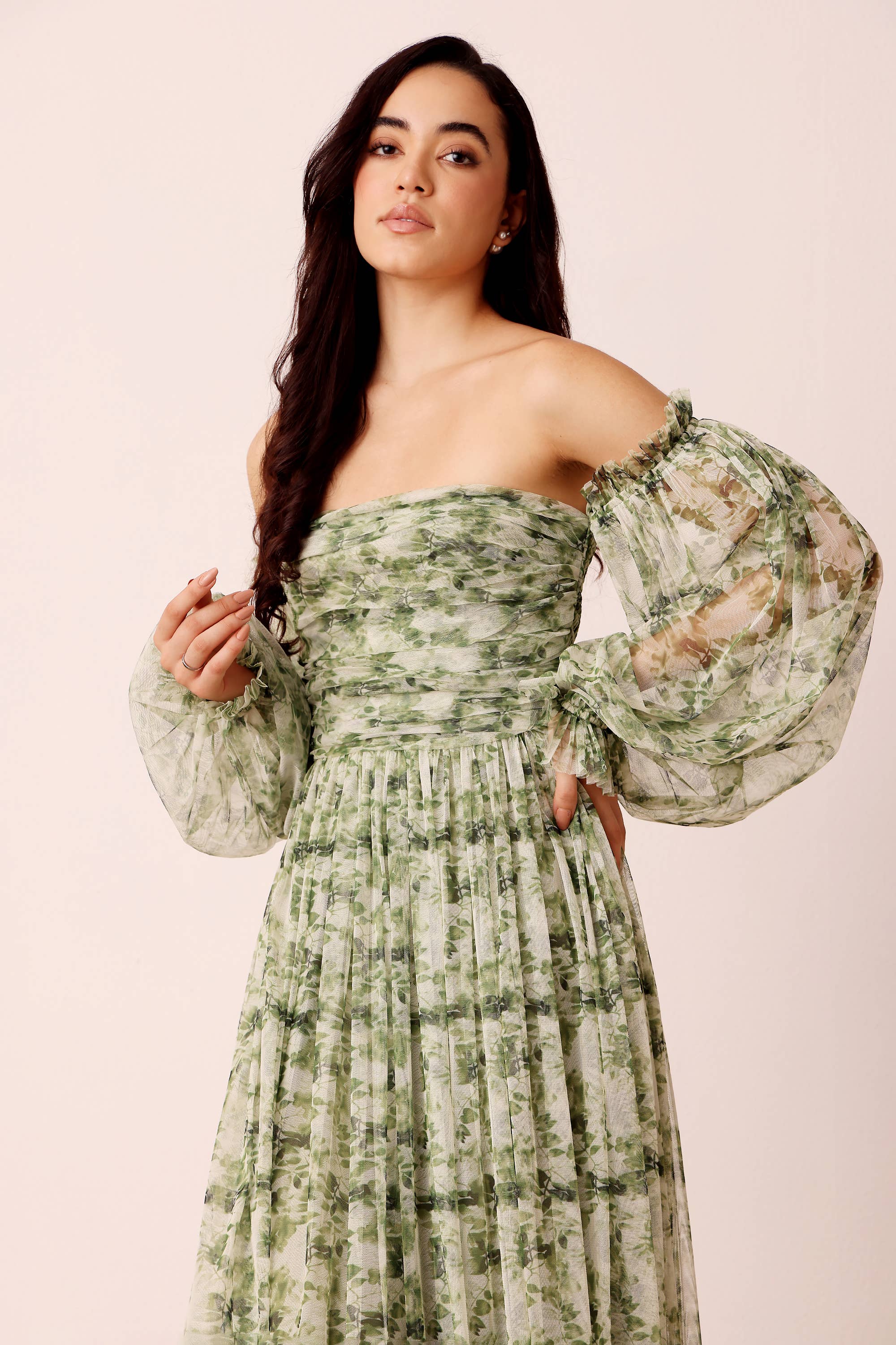 Lana Green Floral Printed Tulle Dress for wholesale on Faire1