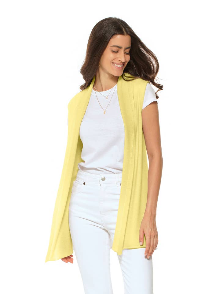 Women's Pure Cashmere Sleeveless Cardigan Lemon Yellow for wholesale by Monticelli Cashmere