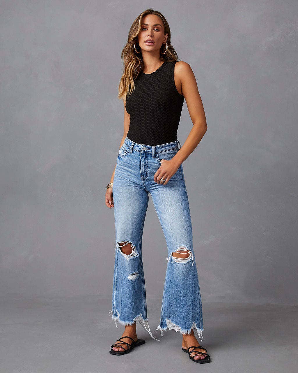 Blue High Waist Distressed Wide Leg Denim Pants with Tie-Dye Wash for wholesale on Faire0