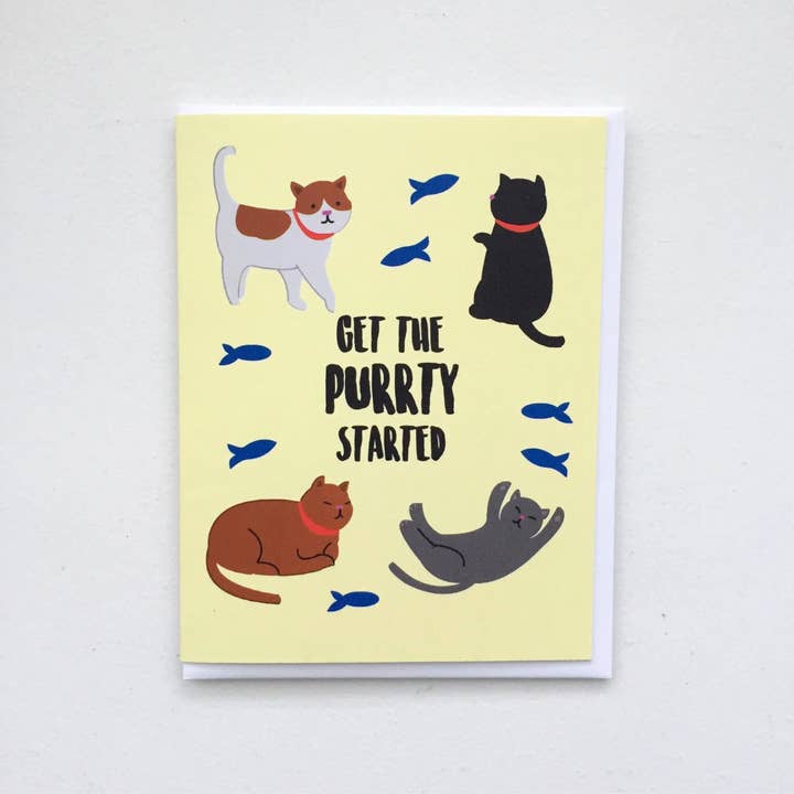 Papermain - Wholesale Birthday Card - Purrty Time Cat Birthday Card - A2 Handmade Birthday Fat Cat Kitten Lovers Party Punny Card with foiled lettering3