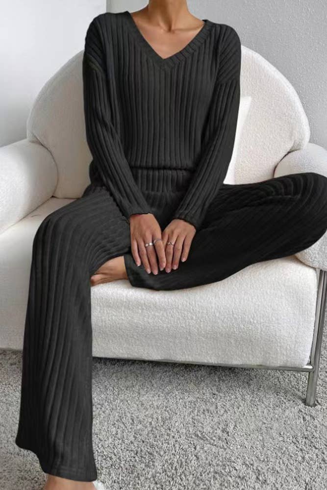 UNISHE - Wholesale Lounge Set - Women's - Plain V Neck Rib Long Sleeves Top With Pants 2pcs Set ZK56013