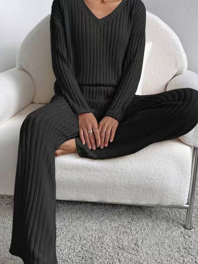 UNISHE - Wholesale Lounge Set - Women's - Plain V Neck Rib Long Sleeves Top With Pants 2pcs Set ZK56013